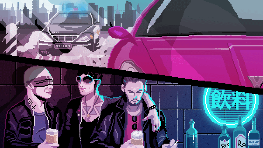 Animation of a car chase and people sitting in a cyberpunk bar.