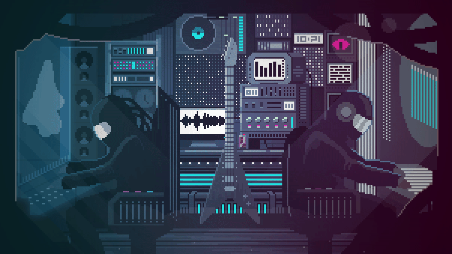 Animation of a futuristic music studio with two people operating equipment.