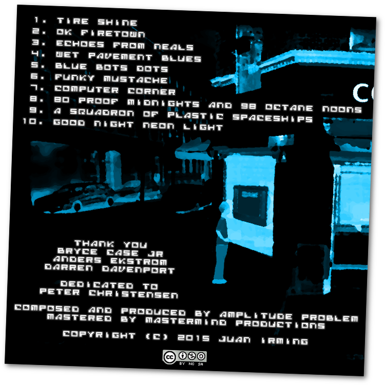 Blue Bots Dots album back side with a list of track names. Thank you Bryce Case Jr, Anders Ekstrom, Darren Davenport. Dedicated to Peter Christensen. Composed and produced by Amplitude Problem. Mastered by Mastermind Productions. Copyright 2015 Juan Irming.